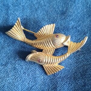Vintage Goldtone Koi Fish Brooch with Red Rhinestone Eyes